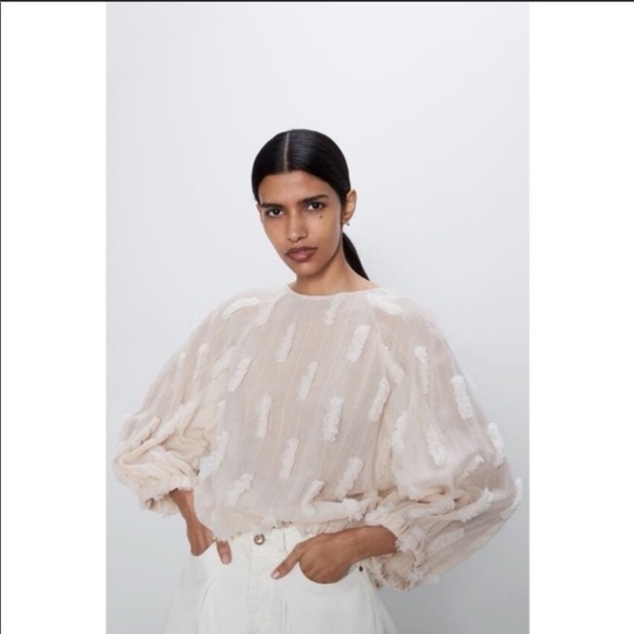 Zara Structured Textured Balloon Sleeve Top Size S in Beige NWOT - Picture 2 of 14